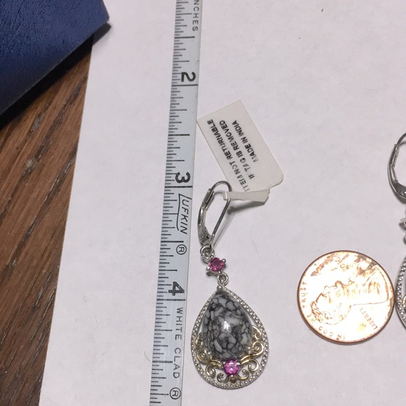 925 silver marked teardrop black agate amethyst hinged back pierced earrings new - Picture 7 of 17